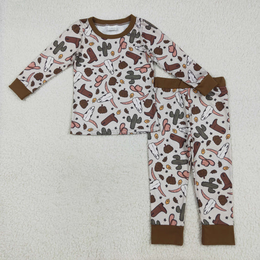 BLP1141 Baby Boys Brown Long Sleeves Bull Skull Cactus Top Pant Pajamas Set D 7.21