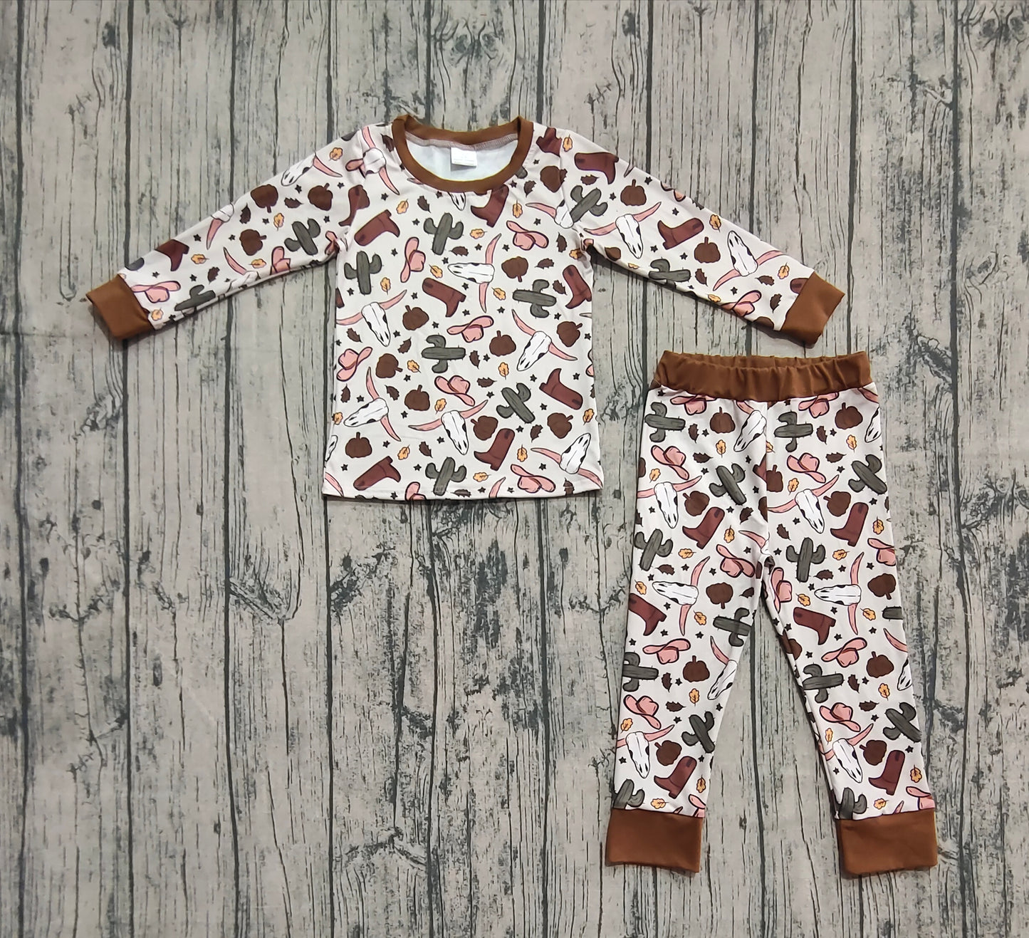 BLP1141 Baby Boys Brown Long Sleeves Bull Skull Cactus Top Pant Pajamas Set D 7.21