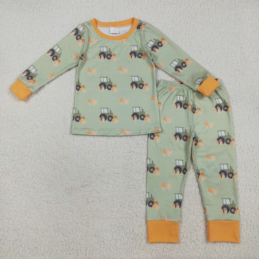 BLP1142 Baby Boys Green Long Sleeves Pumpkins Trucks Top Pant Pajamas Set D 7.12
