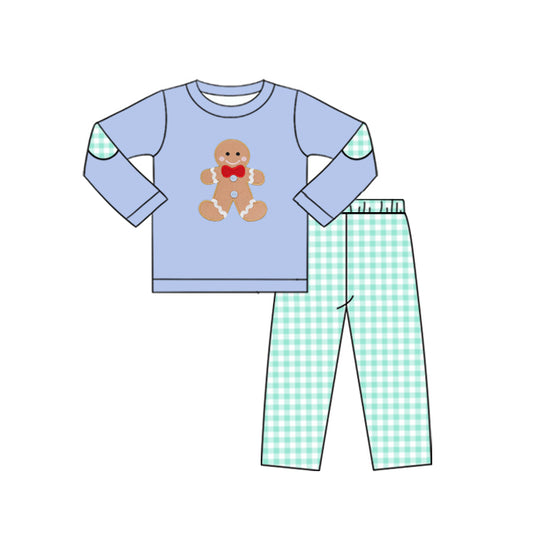 presale BLP1144  Baby Boys Blue Long Sleeves Gingerbread Top Aqua Plaid Pant Set D 6.17