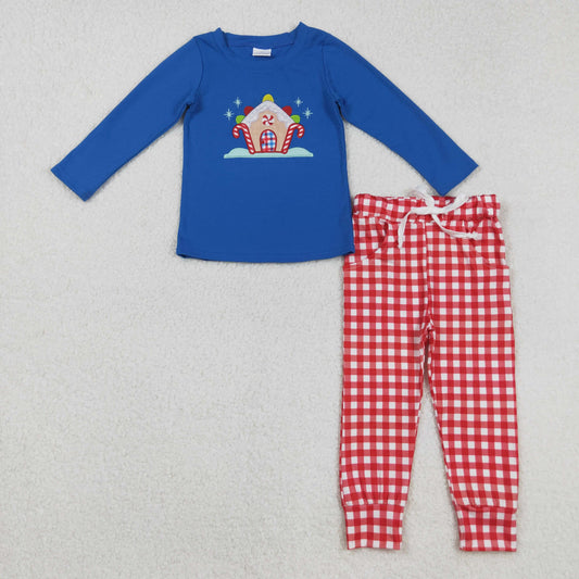 BLP1151  Baby Boys Blue Long Sleeves Candy Cane Top Red Plaid Pockets Pant Set