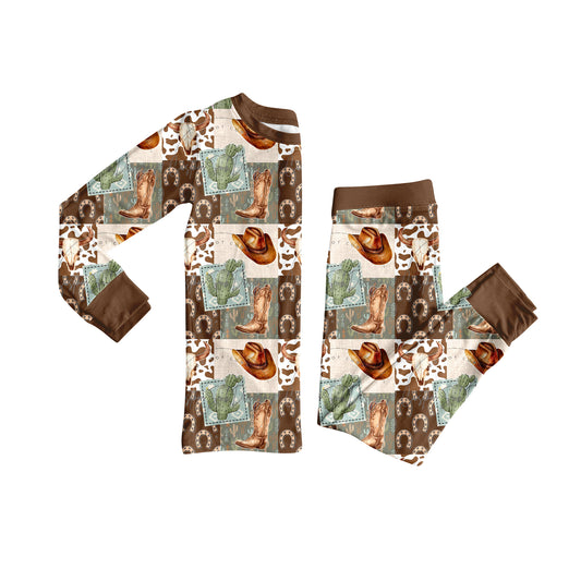 presale BLP1152 Baby Boys Long Sleeves Cactus Boots Plaid Top Pant Pajamas Set  D 6.25