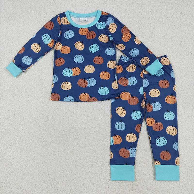 Sibling Baby Boys Blue Pumpkins Fall Outfits Pajamas Rompers Sets D 7.21