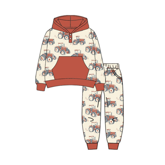 presale BLP1161 Baby Boys Long Sleeves Trucks Plaid Pocket Hoodie Top Pant Farm Set D 7.3