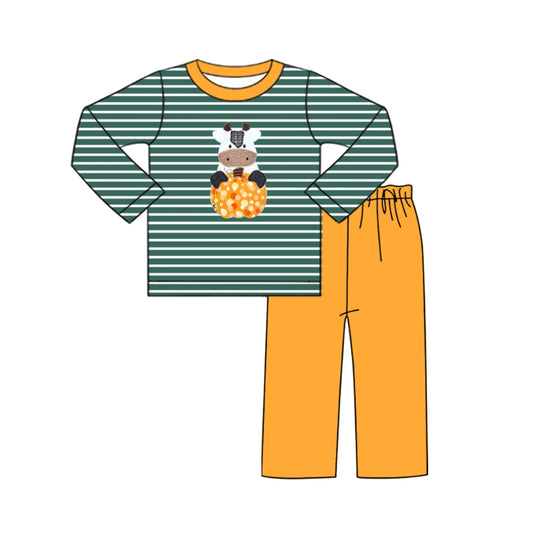 presale BLP1169 Baby Boys Green Stripe Long Sleeves Cows Pumpkins Top Pant Set D 7.8
