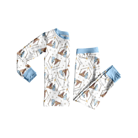 presale BLP1170  Baby Boys Long Sleeves Nativity Plaid Top Pant Pajamas Set D 7.8