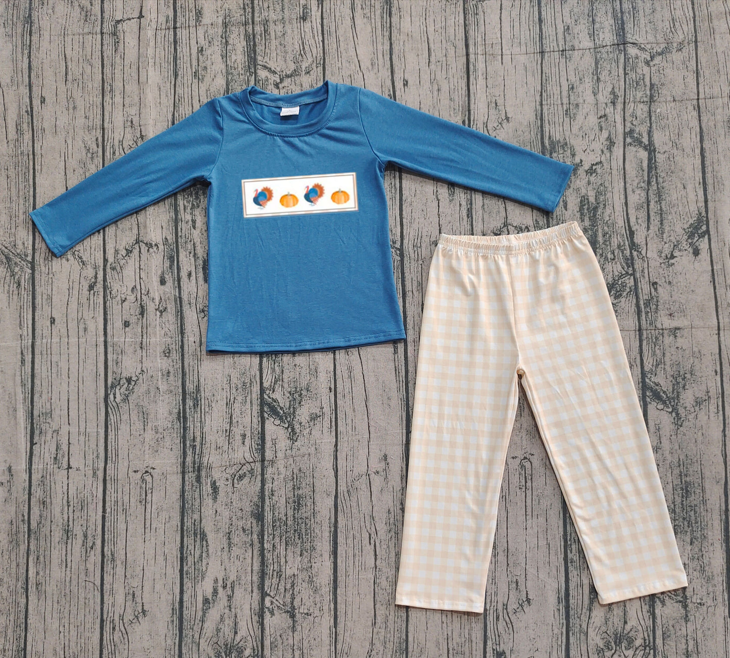 BLP1176  Embroidery Turkey Pumpkins Baby Boys Plaid Pant Thanksgiving Clothes Set  D 924