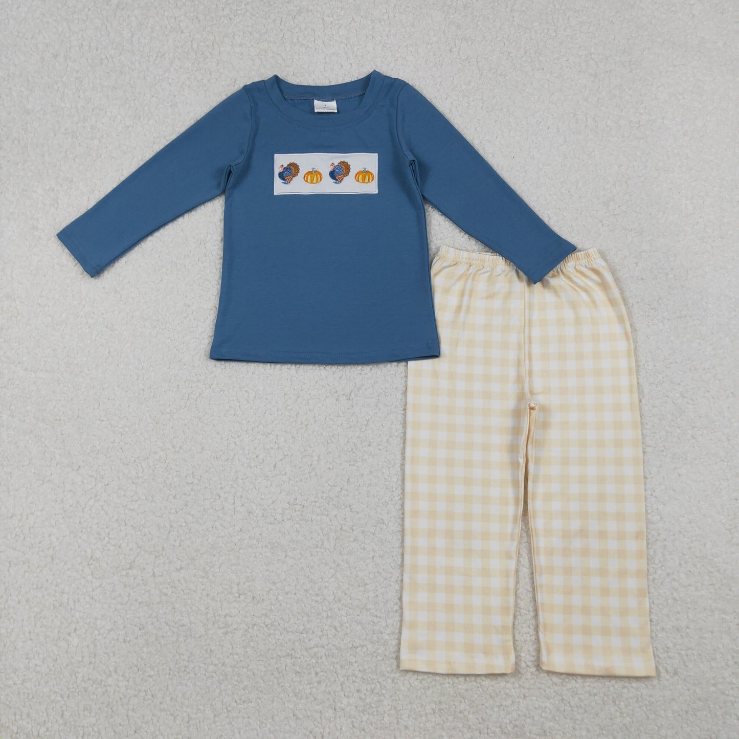 BLP1176  Embroidery Turkey Pumpkins Baby Boys Plaid Pant Thanksgiving Clothes Set