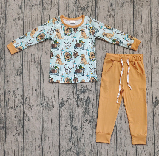 presale BLP1177 Baby Boys Long Sleeves Dogs Ducks Plaid Top Pockets Pant Set  D 910