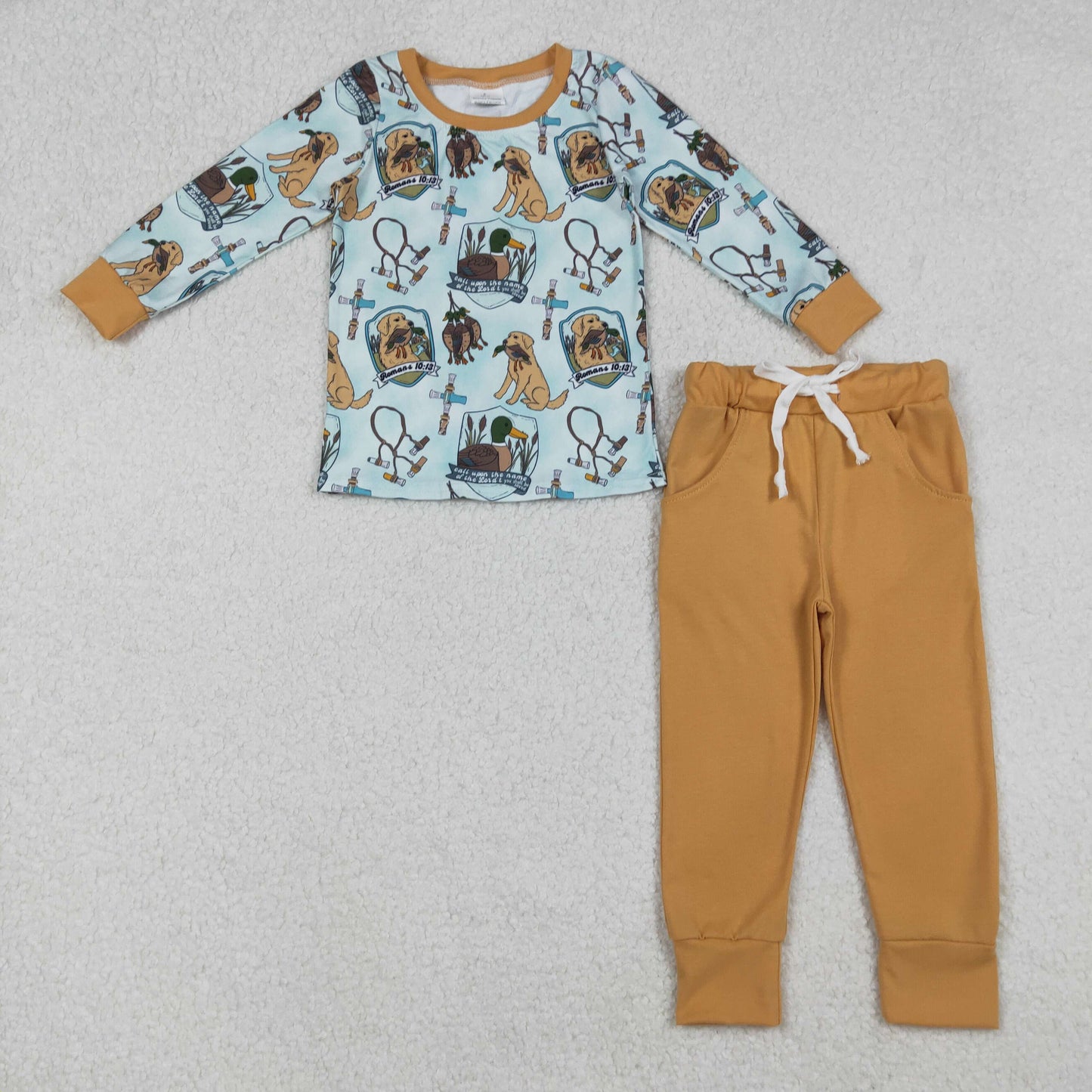 BLP1177 Baby Boys Long Sleeves Dogs Ducks Plaid Top Pockets Pant Set  D 910