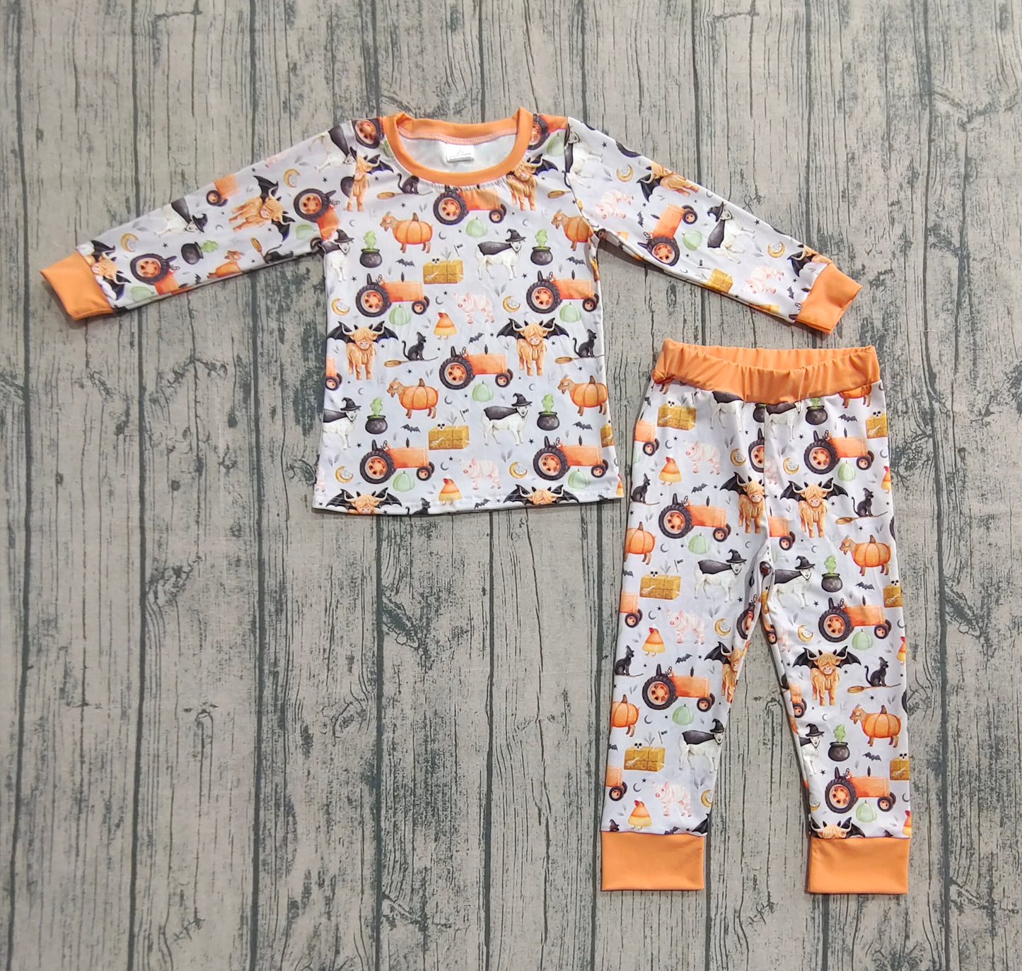 BLP1179 Baby Boys Long Sleeves Bats Farm Pumpkins Top Pant Pajamas Set  D 7.18