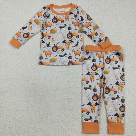 BLP1179 Baby Boys Long Sleeves Bats Farm Pumpkins Top Pant Pajamas Set  D 7.18