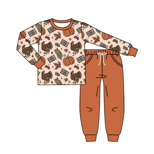 presale BLP1181 Baby Boys Long Sleeves Turkey Pumpkins Plaid Top Pockets Pant Set D 7.15