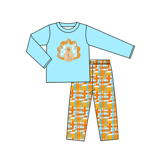 presale BLP1182 Baby Boys Long Sleeves Turkey Top Plaid Pants Set D 7.15