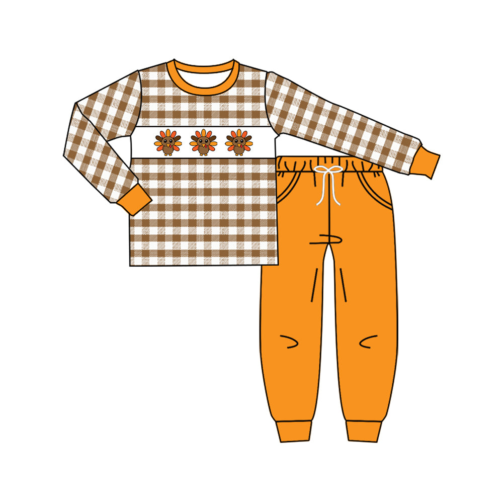 BLP1186  Baby Boys Orange Plaid Long Sleeves Turkey Top Pockets Legging Pant Set  D 922