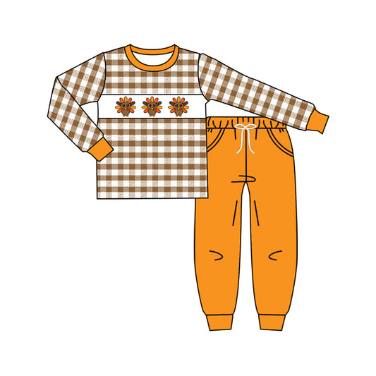 presale BLP1186  Baby Boys Orange Plaid Long Sleeves Turkey Top Pockets Legging Pant Set  D 7.16