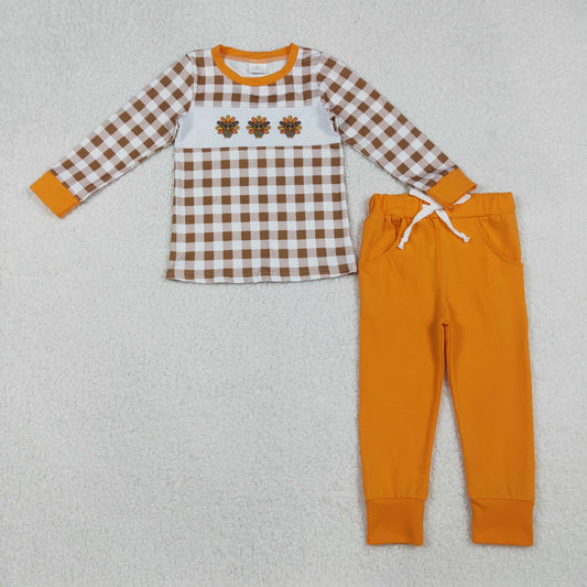 BLP1186  Baby Boys Orange Plaid Long Sleeves Turkey Top Pockets Legging Pant Set  D 922
