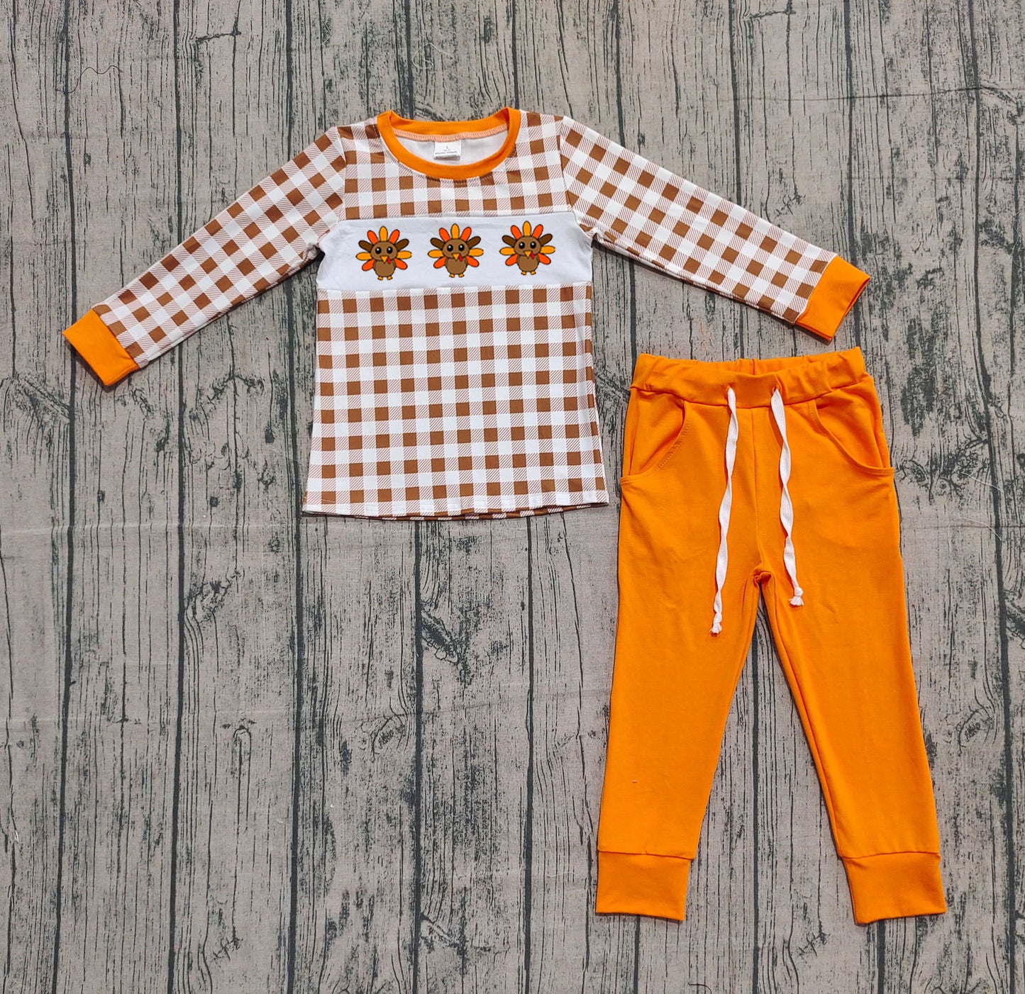 BLP1186  Baby Boys Orange Plaid Long Sleeves Turkey Top Pockets Legging Pant Set  D 922