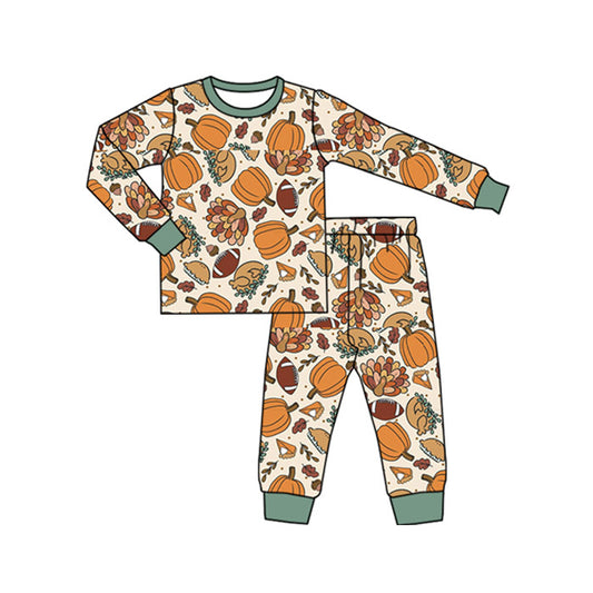 presale BLP1187 Baby Boys Long Sleeves Turkey Pumpkins Plaid Top Pant Pajamas Set    D 7.16