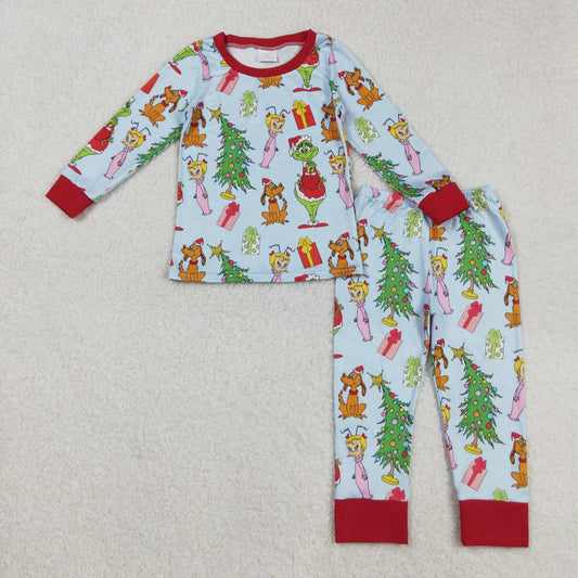 BLP1189  Baby Boys Long Sleeves Christmas Trees Cartoon Face Top Pant Pajamas Set
