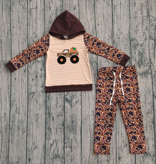 presale BLP1192 Baby Boys Brown Camo Long Sleeves Truck Pumpkin Hoodie Pant Western Set D 924