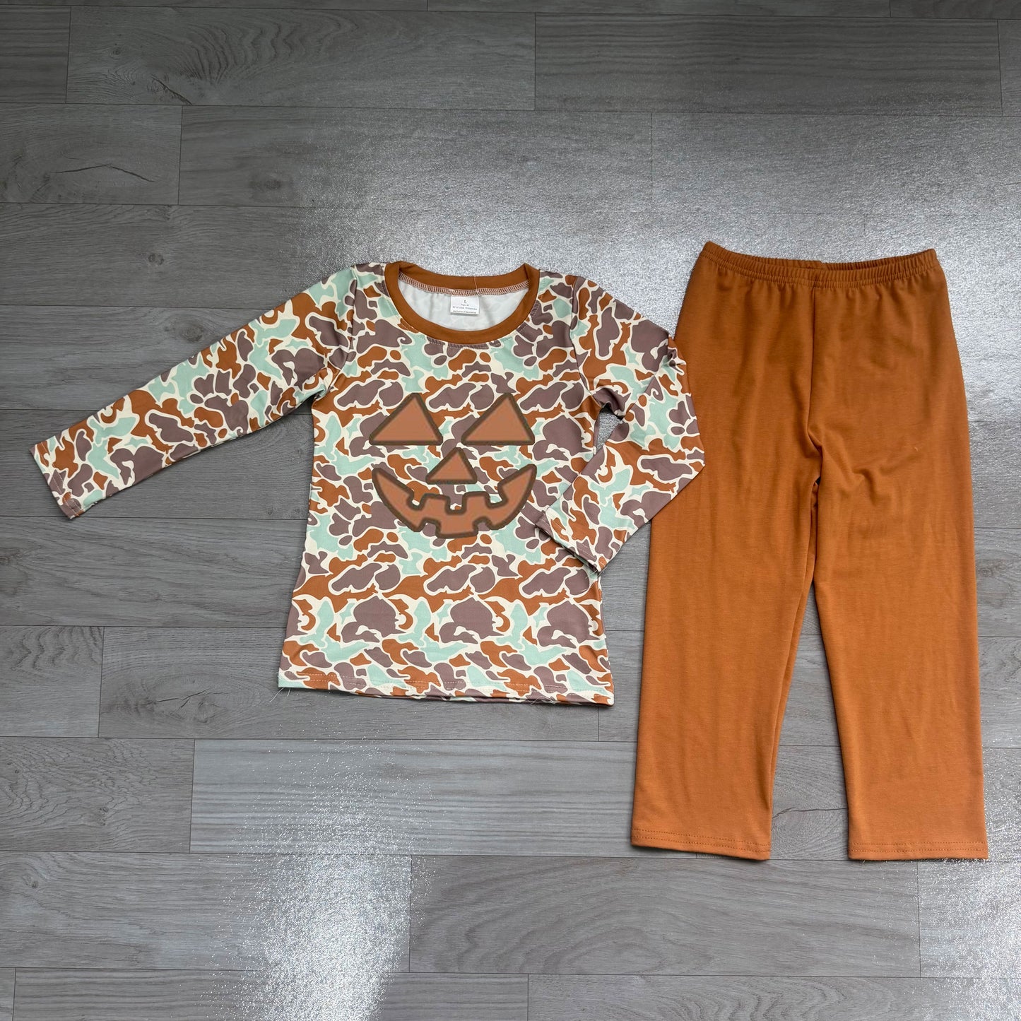 Pre order halloween camo pumpkin face shirt pants set