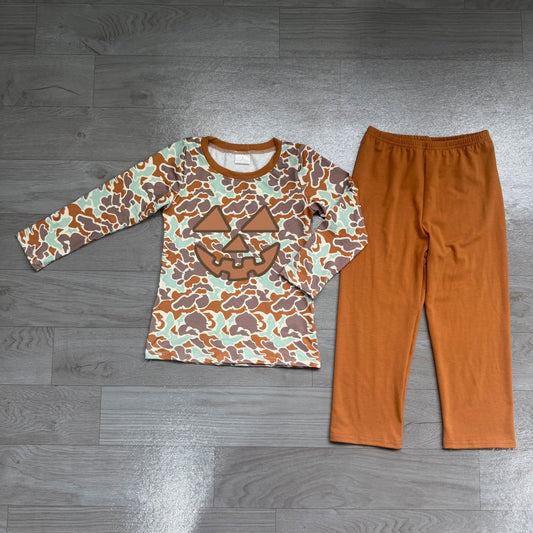 Pre order halloween camo pumpkin face shirt pants set