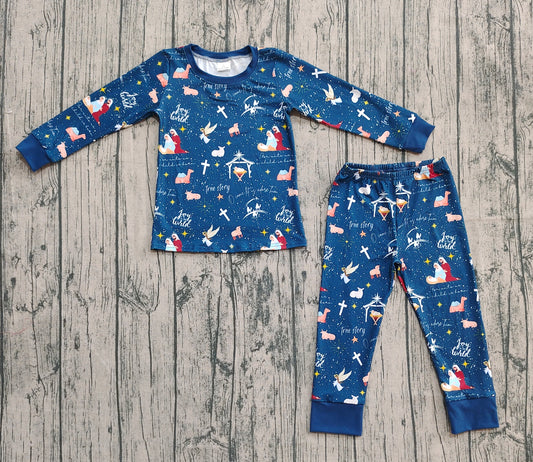 presale BLP1198 Baby Boys Hot Blue Nativity Top Pant Christmas Pajamas Set D 7.21