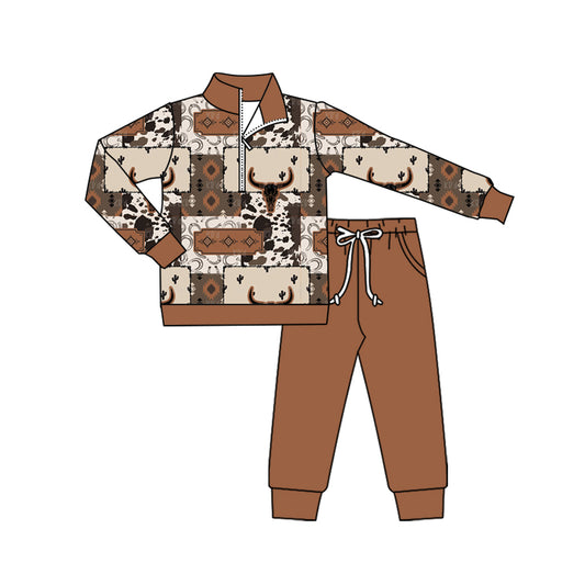 presale BLP1199 Baby Boys Bull Skull Aztec Plaid Pullover Pockets Legging Western Set D 7.28