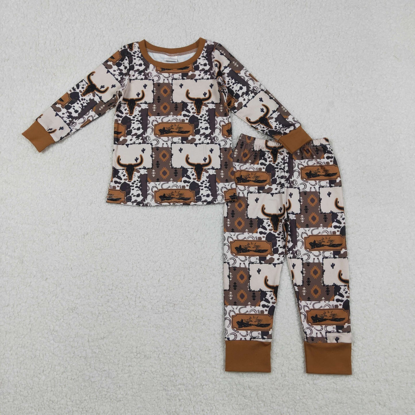 Sibling Baby Boys Bull Skull Aztec Checked Top Pants Western Pajamas Set Romper  D 1206