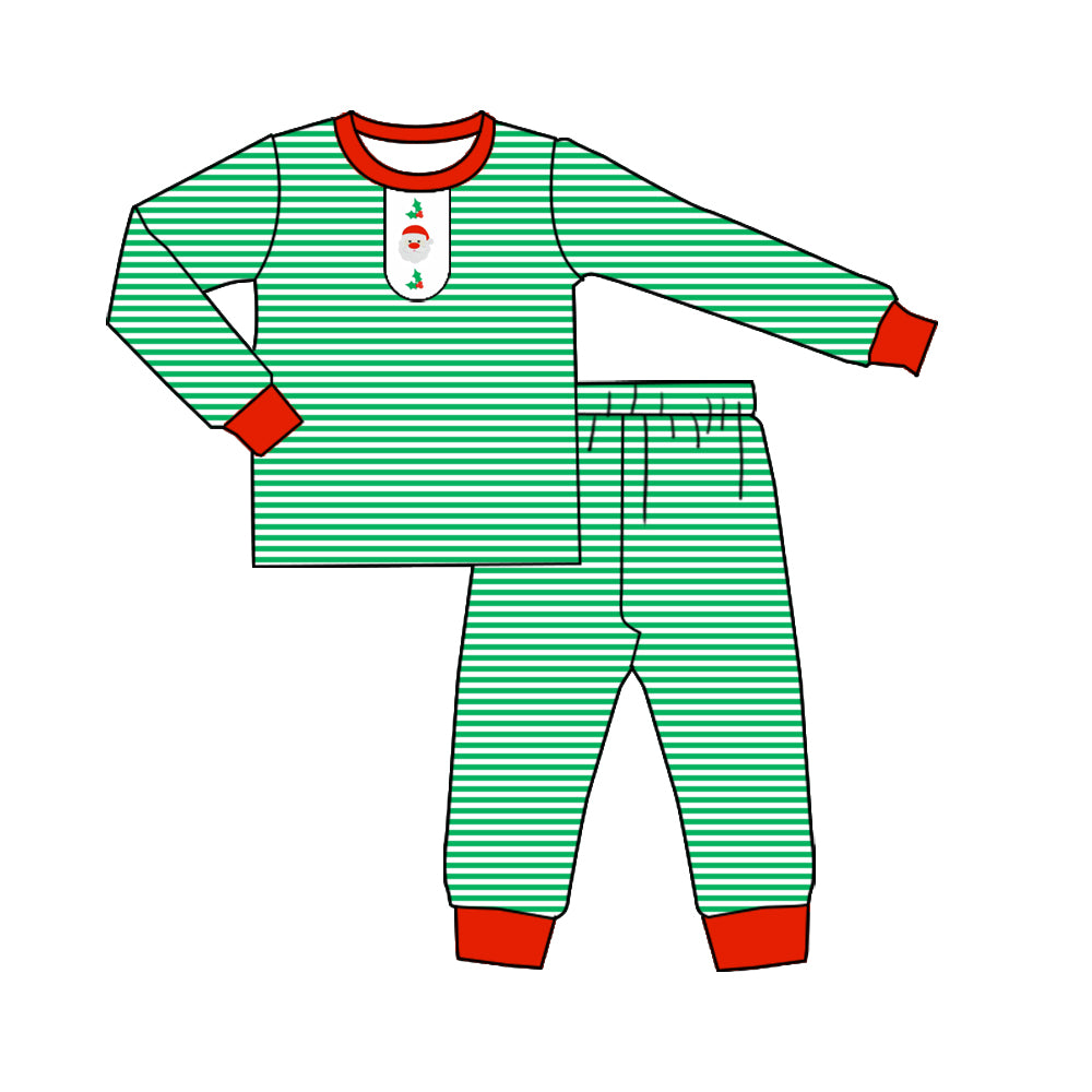 presale BLP1205 Baby Boys Green Stripe Santa Holly Top Pants Christmas Pajamas Set  D 7.28