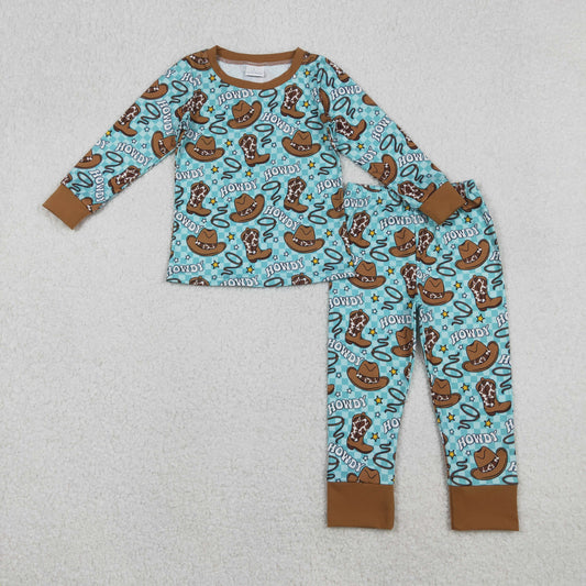BLP1207 Baby Boys Howdy Hats Plaid Top Pants Western Pajamas Set D 1027