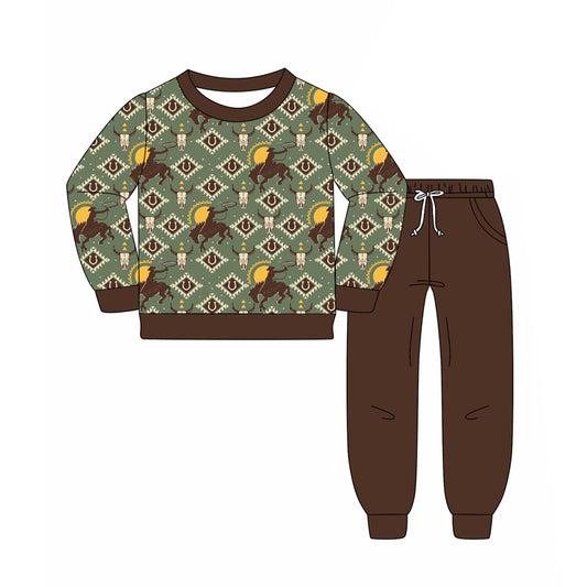 presale BLP1209 Horseback Riding Alpine Bull Head Geometric Pattern Brown-Green Long-Sleeved Pants Suit D 8.4