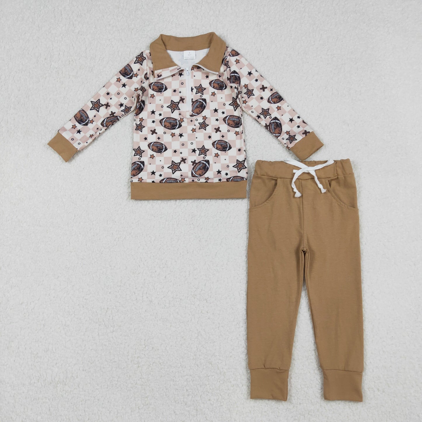 Sibling Baby Boys Khaki Checked Stars Footballs Pullovers Pockets Pants Team Clothes Sets Zipper Footie Rompers  D 919