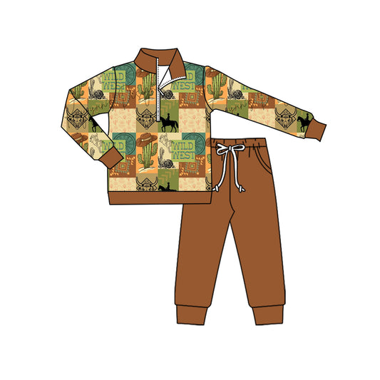 presale BLP1218 Baby Boys Bull Skull Cactus Zipper Pullovers Pocket Pant Western Set D 8.7
