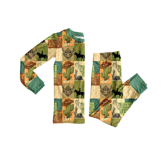 presale BLP1219 Baby Boys Bull Skull Cactus Top Pant Western Pajamas Set D 8.7