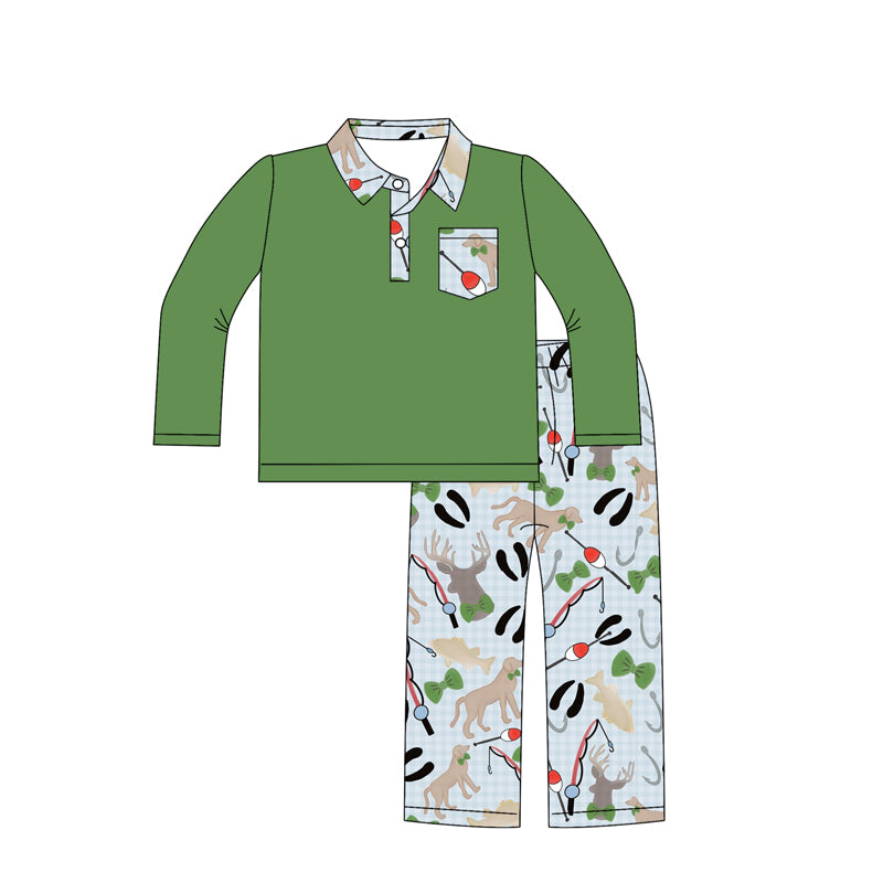 presale BLP1221 Baby Boys Green Pocket Button Pullover Pant Fishing Set D 8.11