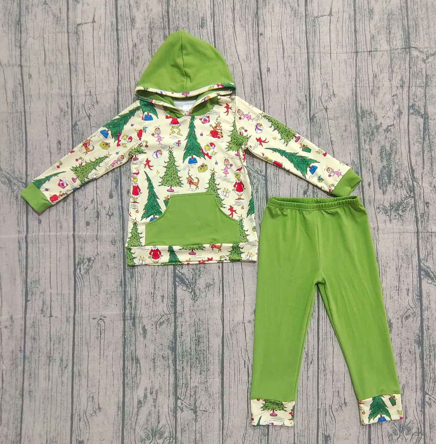 BLP1224 Baby Boys Green Faces Christmas Trees Pocket Hoodie Legging Pant Set  D 922