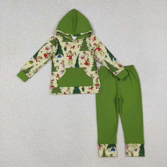 BLP1224 Baby Boys Green Faces Christmas Trees Pocket Hoodie Legging Pant Set