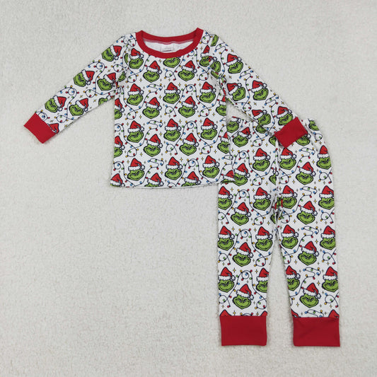 BLP1225 Baby Boys Christmas Lights Green Faces Plaid Top Pant Pajamas Set D 919