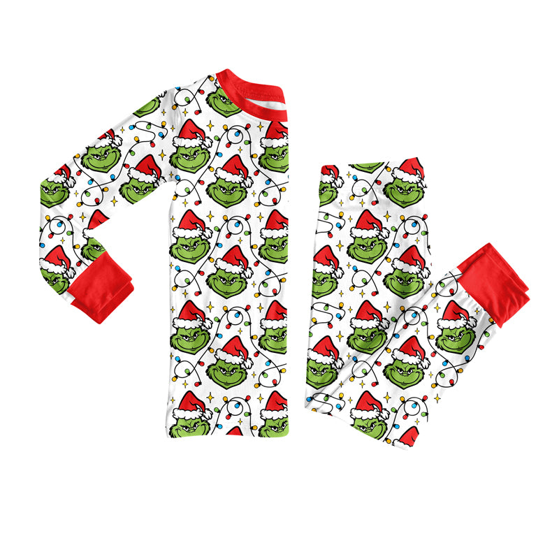 BLP1225  Baby Boys Christmas Lights Green Faces Plaid Top Pant Pajamas Set D 919