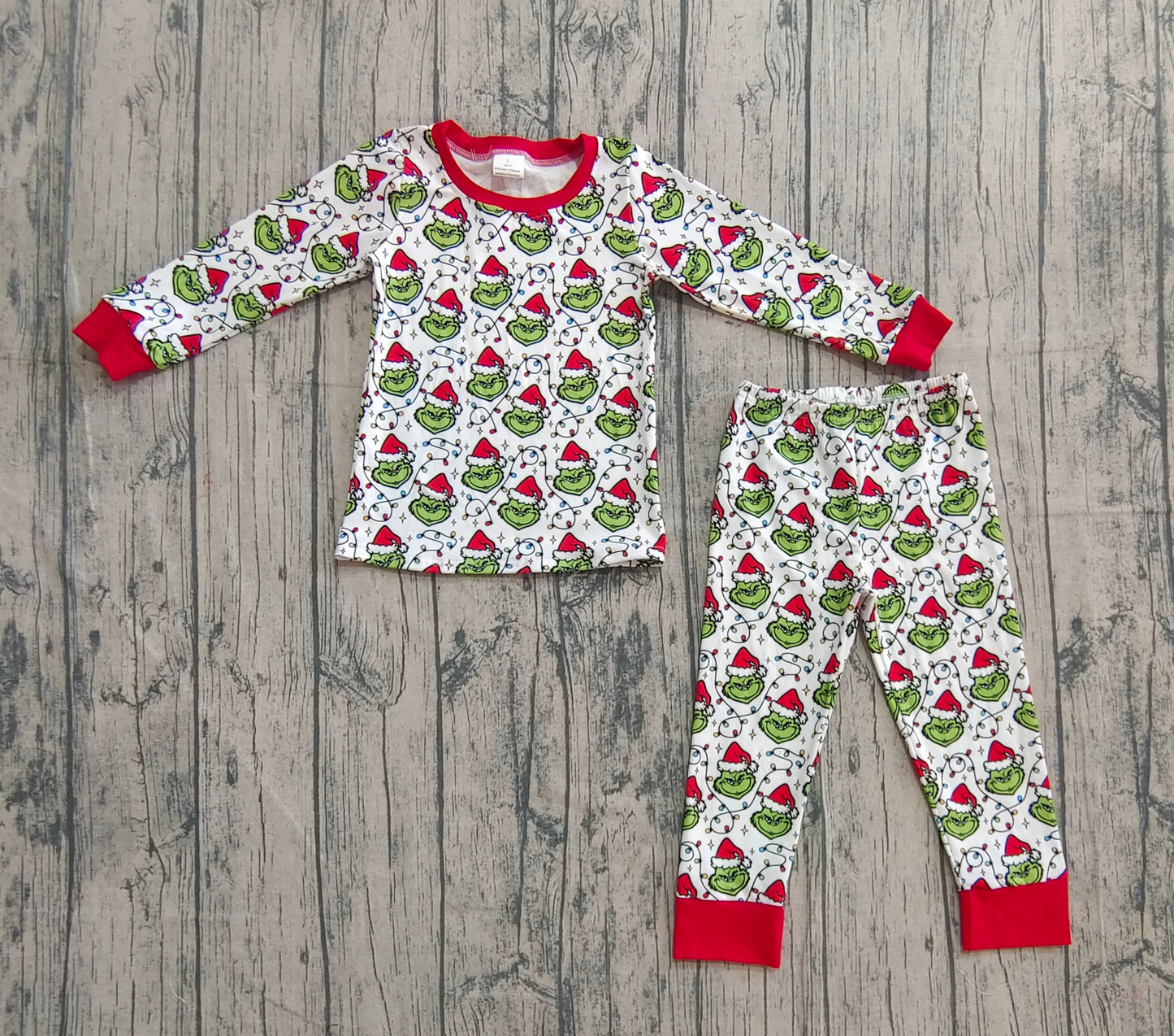 BLP1225  Baby Boys Christmas Lights Green Faces Plaid Top Pant Pajamas Set D 919
