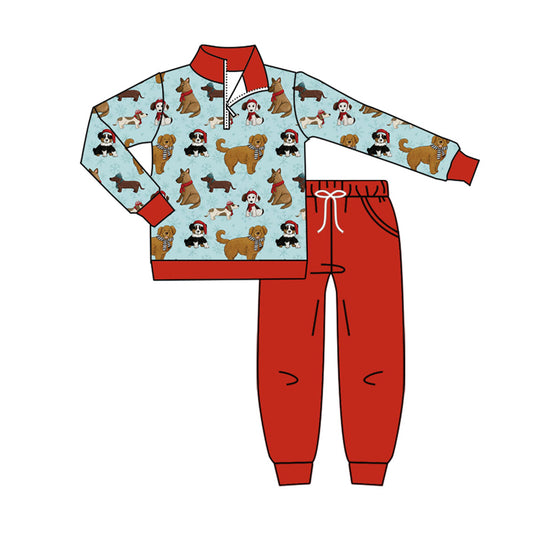 presale BLP1226 Kids Boys Winter Dog Pullover Top With Red pants Outfit   D 816