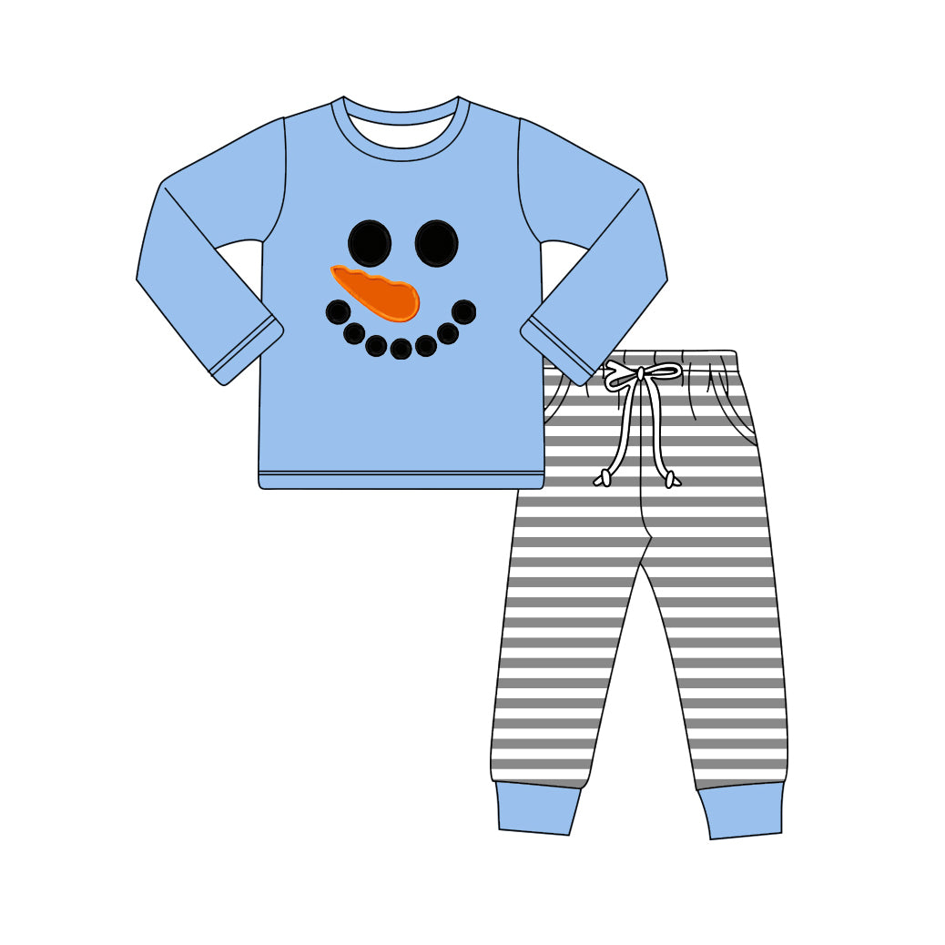 BLP1231 Baby Boys Blue Snowmen Top Stripe Pockets Pant Christmas Set   D 905
