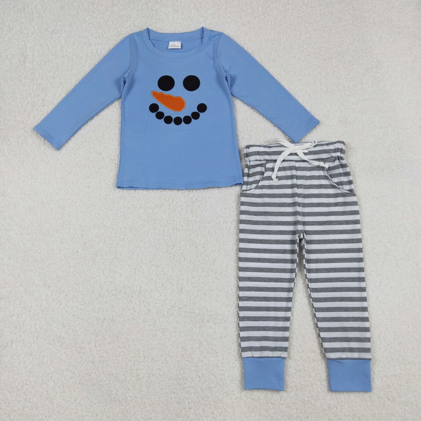 BLP1231 Baby Boys Blue Snowmen Top Stripe Pockets Pant Christmas Set   D 905