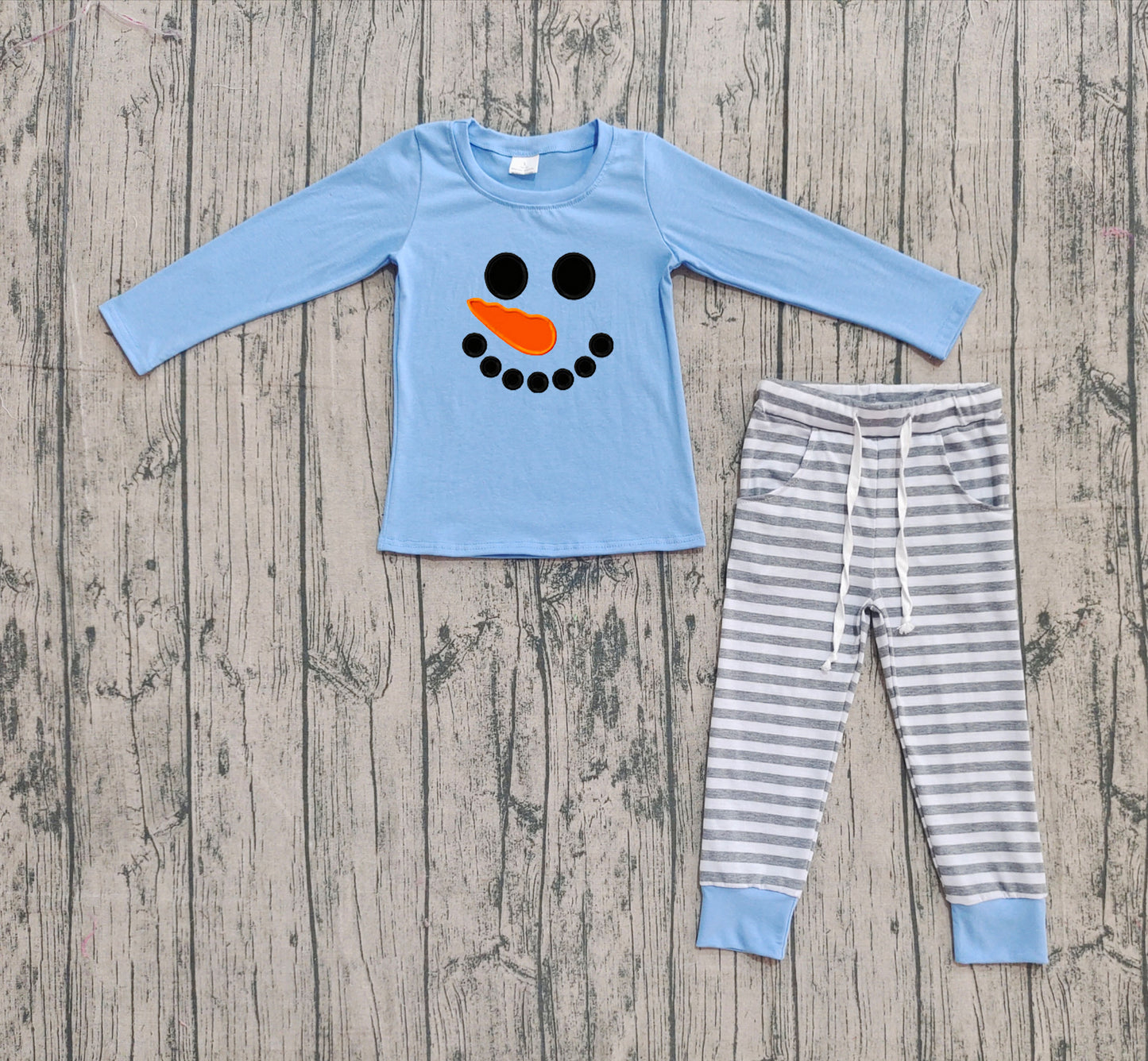 BLP1231 Baby Boys Blue Snowmen Top Stripe Pockets Pant Christmas Set   D 905