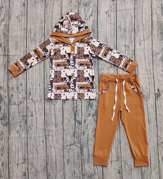 presale BLP1238 Baby Boys Brown Aztec Bull Skull Button Hoodies Pockets Legging Western Set   D 916