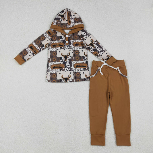 BLP1238 Baby Boys Brown Aztec Bull Skull Button Hoodies Pockets Legging Western Set D 1021