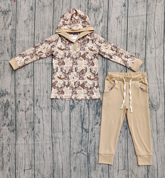 presale BLP1239 Baby Boys Khaki Camo Deer Button Hoodies Pockets Legging Set  D 916