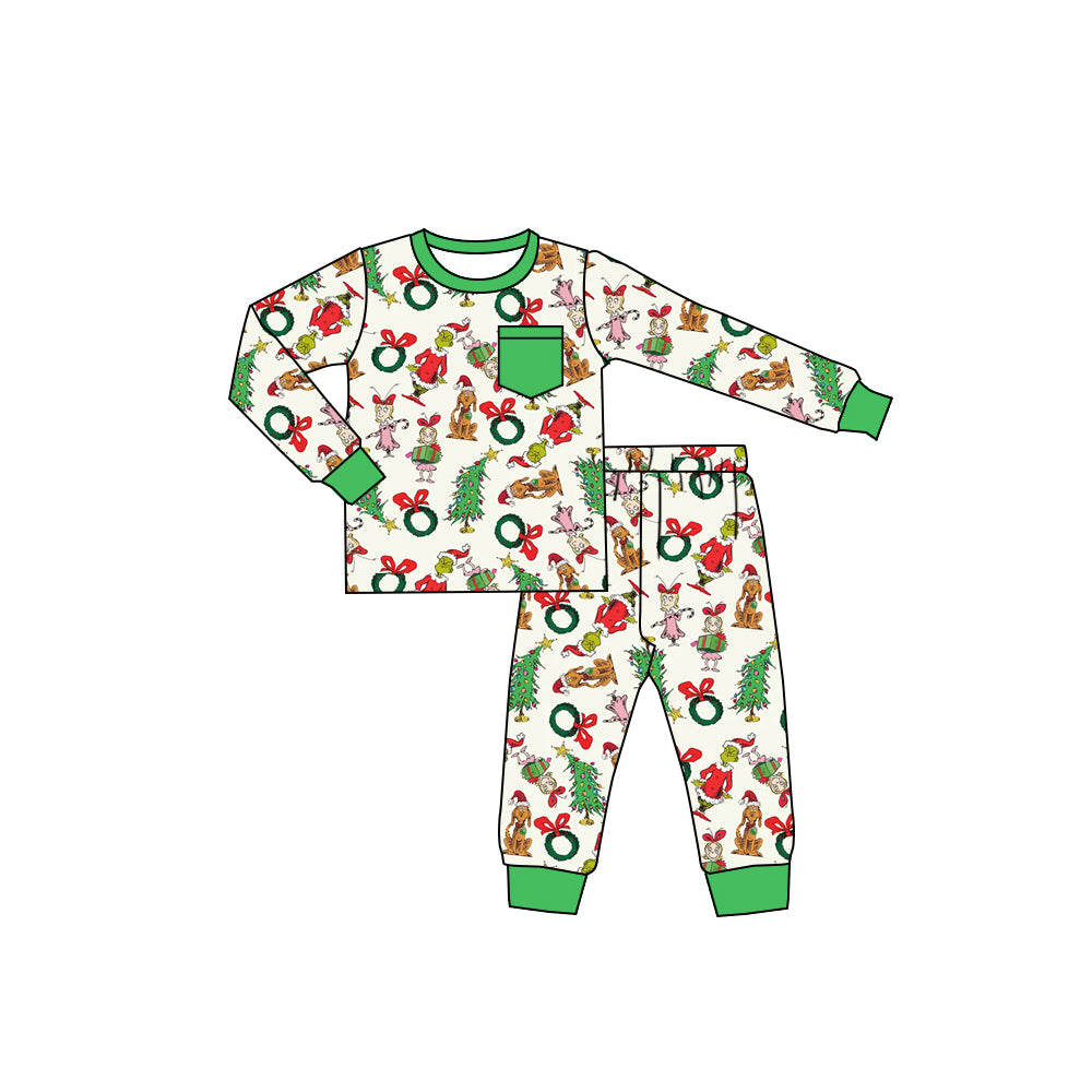 presale BLP1244  Baby Boys Green Faces Gifts Trees Top Pant Christmas Pajamas Set D 830